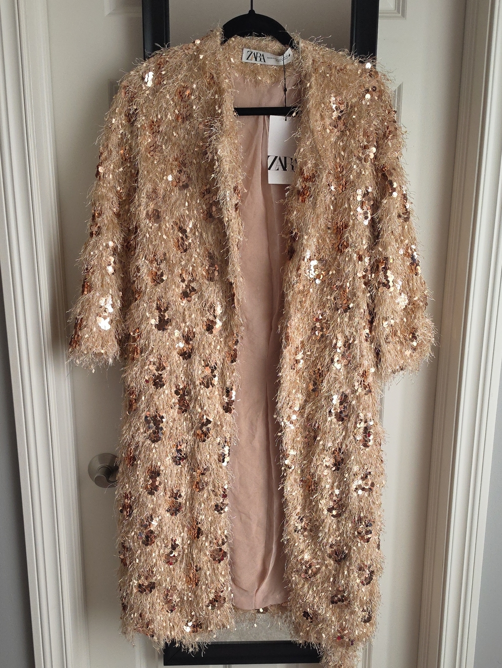 ZARA Rose Gold Sequin & Fringe Open Coat
